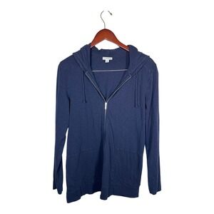 J. Jill Navy Zip up Drawstring Hoodie 100% Cotton Slub Lightweight Jacket Small